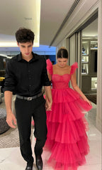 Pink Tulle Formal Prom Dresses Long Formal Evening Dresses