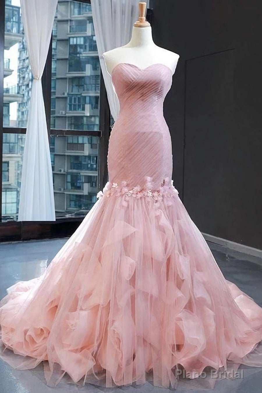 Pink Tulle Prom Dresses Sweetheart Mermaid Long Formal Dress with Ruffles,Wedding Party Dresses Main image