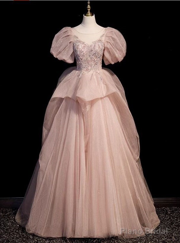 Pink Tulle Puff Sleeve Beading Prom Dress Main image