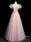 Pink Tulle Puff Sleeve Flower Prom Dress