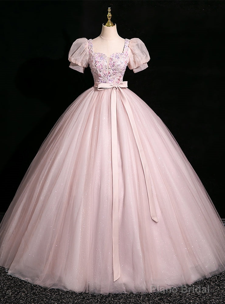 Pink Tulle Puff Sleeve Flower Quinceanera Dress Main image