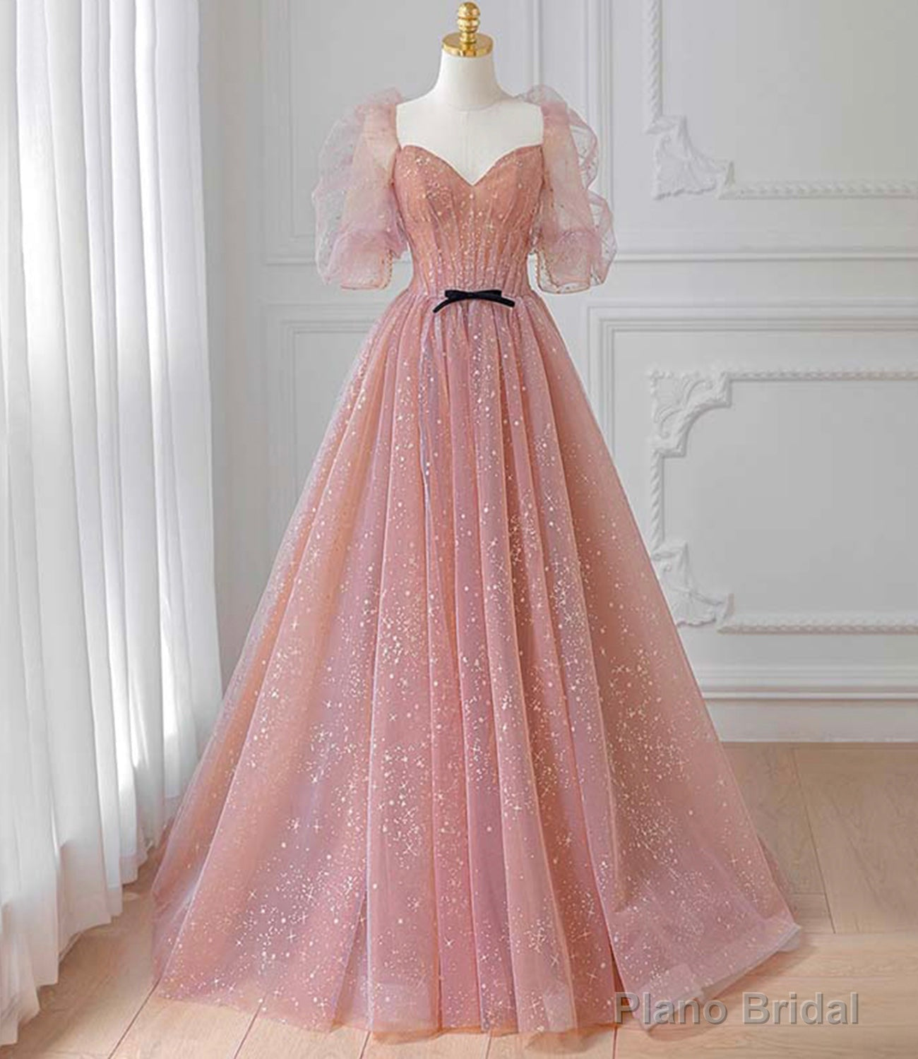 Pink Tulle Puffy Sleeves Long Prom Dress, Pink A-line Evening Dresses Main image