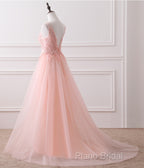 Pink Tulle Round Lace Applique Long Formal Dresses, Pink Tulle Junior Formal Prom Dresses Party Dresses