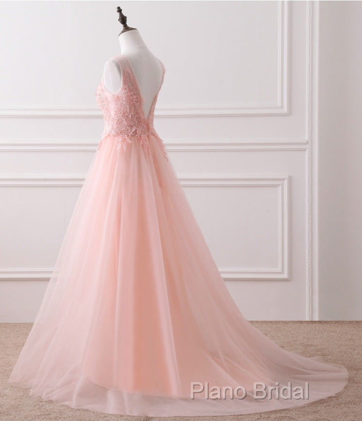 Pink Tulle Round Lace Applique Long Formal Dresses, Pink Tulle Junior Formal Prom Dresses Party Dresses