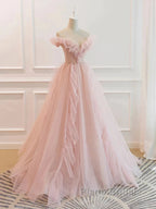 Pink Tulle Ruffles Off The Shoulder Long Formal Prom Dresses