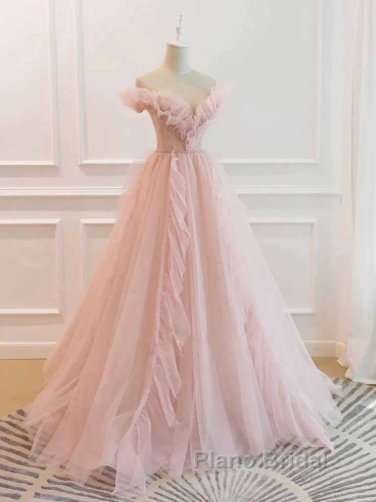 Pink Tulle Ruffles Off The Shoulder Long Formal Prom Dresses