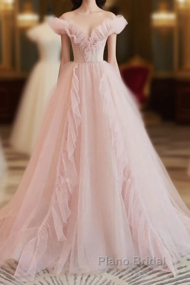 Pink Tulle Ruffles Off The Shoulder Long Formal Prom Dresses Main image