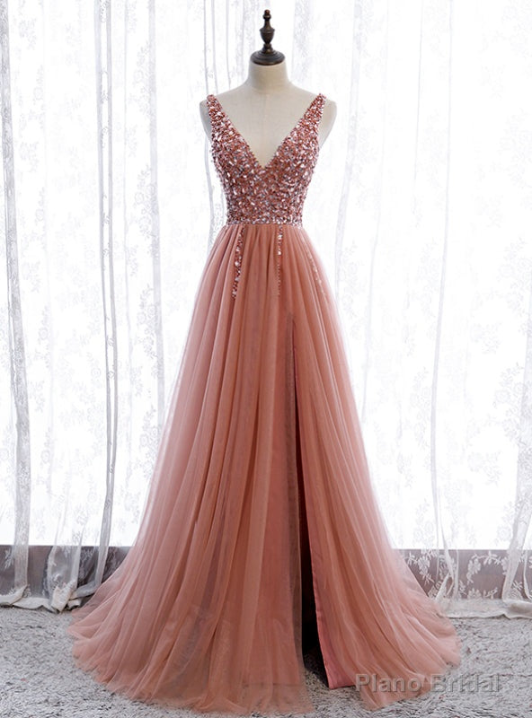 Pink Tulle Seep V-neck Backless Beading Sequins Prom Dress Main image