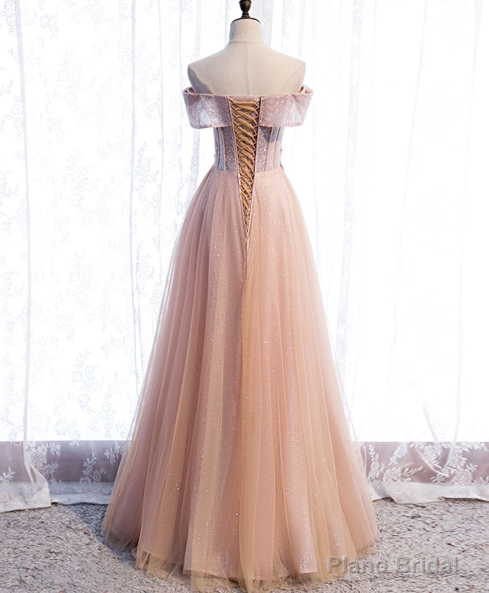 Pink Tulle Sequin Beads Long Prom Dress, Pink Tulle Formal Dresses Secondary image