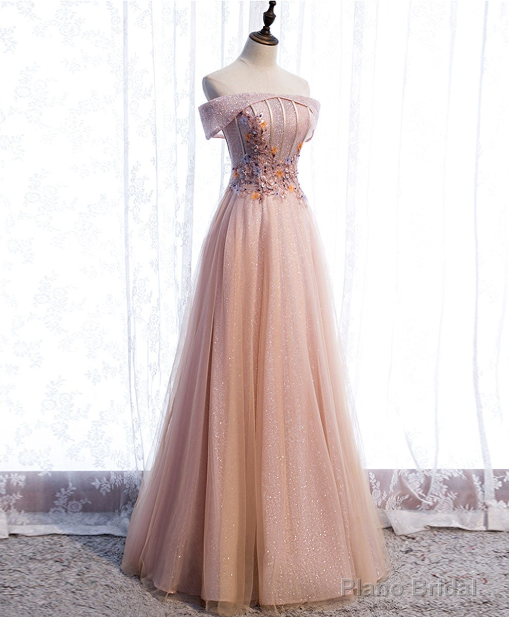 Pink Tulle Sequin Beads Long Prom Dress, Pink Tulle Formal Dresses Main image