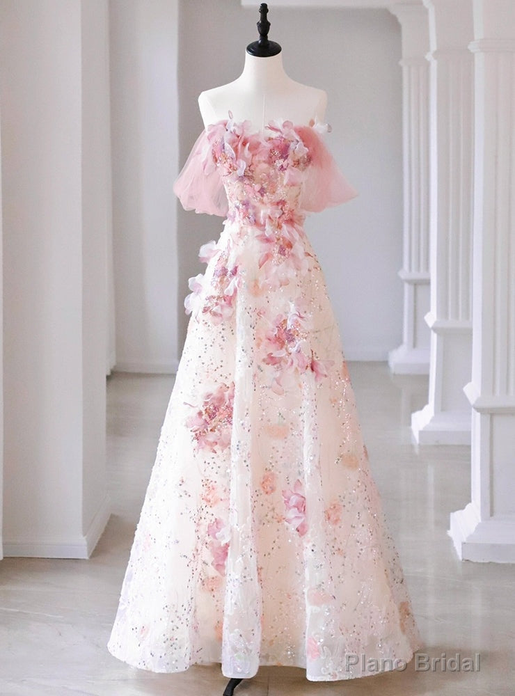 Pink Tulle Sequins 3D Flower Prom Dress Main image
