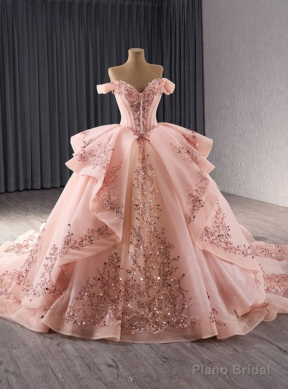 Pink Tulle Sequins Appliques Prom Dress Main image