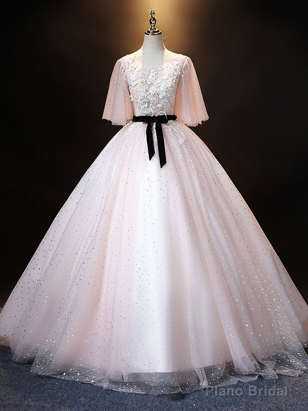 Pink Tulle Sequins Appliques Short Sleeve Quinceanera Dress Main image