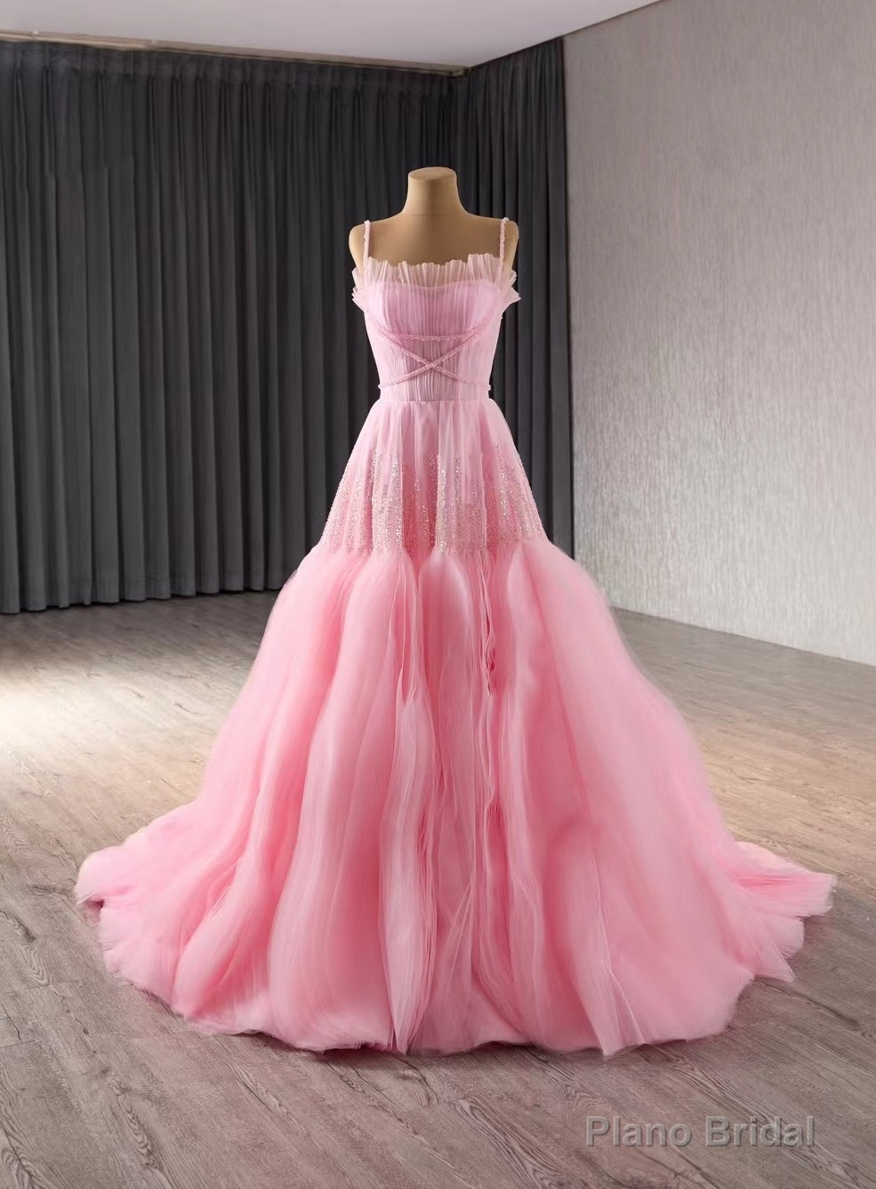 Pink Tulle Sequins Beading Pleats Straps Prom Dress Main image