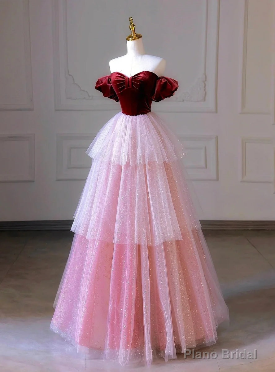 Pink Tulle Sequins Burgundy Velvet Prom Dress Main image
