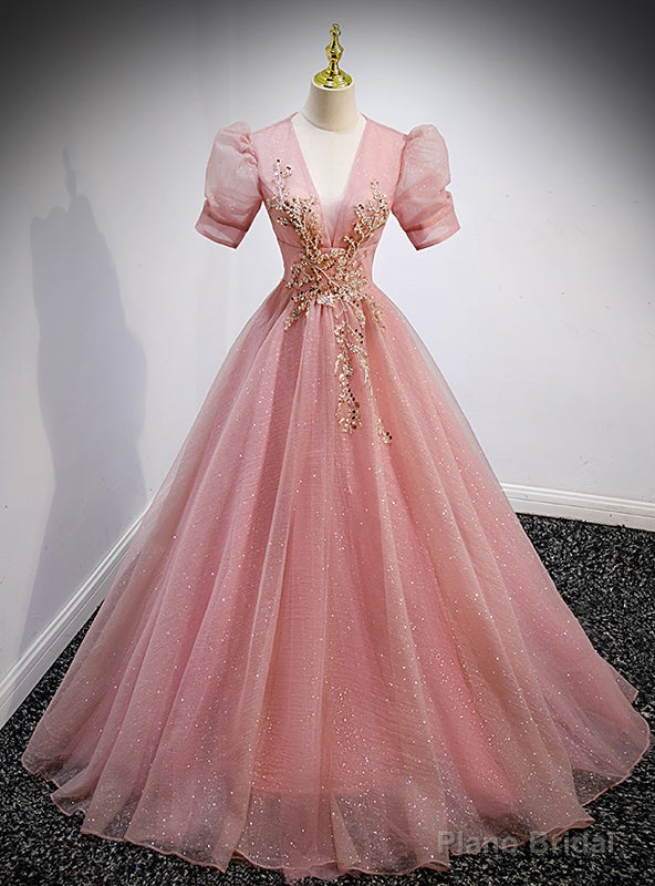 Pink Tulle Sequins Deep V-neck Puff Sleeve Beading Prom Dress Main image