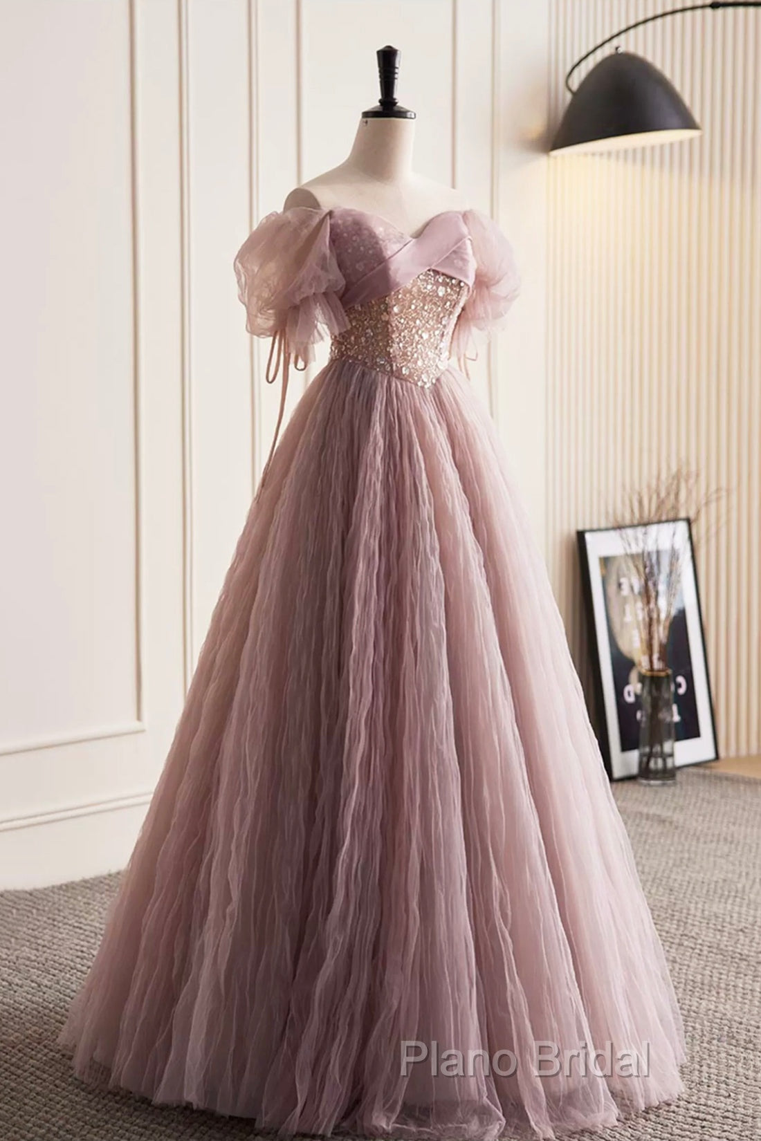 Pink Tulle Sequins Floor Length Formal Prom Dresses, Beautiful Off The Shoulder Formal Party Dresses Secondary image