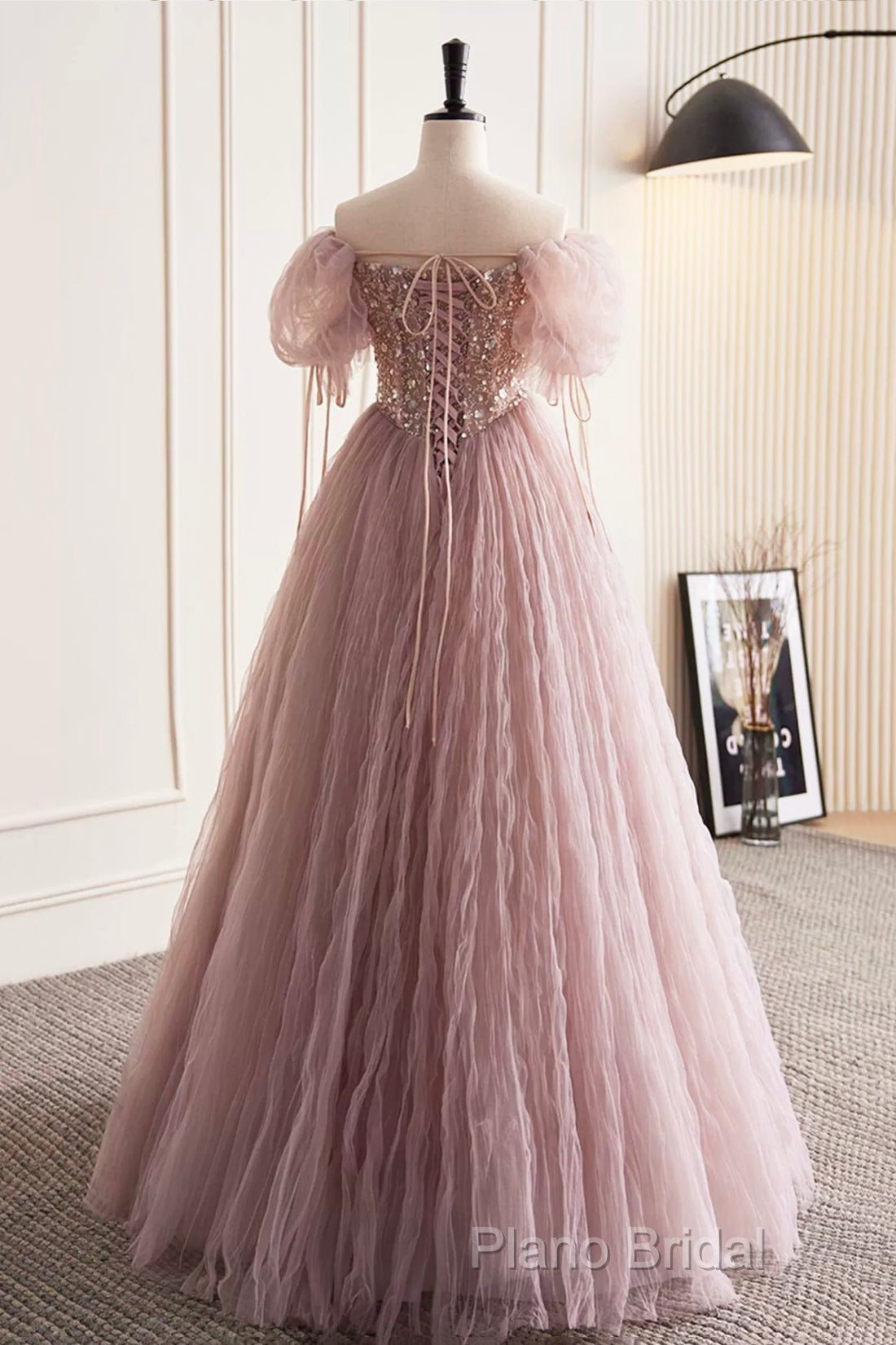 Pink Tulle Sequins Floor Length Formal Prom Dresses, Beautiful Off The Shoulder Formal Party Dresses