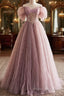 Pink Tulle Sequins Floor Length Formal Prom Dresses, Beautiful Off The Shoulder Formal Party Dresses
