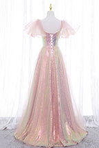 Pink Tulle Sequins Long Prom Dress, Cute Short Sleeve Evening Dress