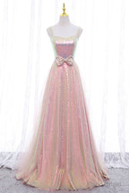 Pink Tulle Sequins Long Prom Dress, Cute Short Sleeve Evening Dress