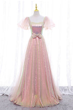 Pink Tulle Sequins Long Prom Dress, Cute Short Sleeve Evening Dress