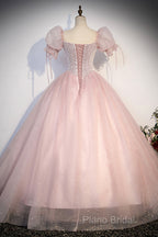 Pink Tulle Sequins Long Formal Prom Dresses, Lovely A-Line Short Sleeve Formal Party Dresses