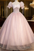 Pink Tulle Sequins Long Formal Prom Dresses, Lovely A-Line Short Sleeve Formal Party Dresses