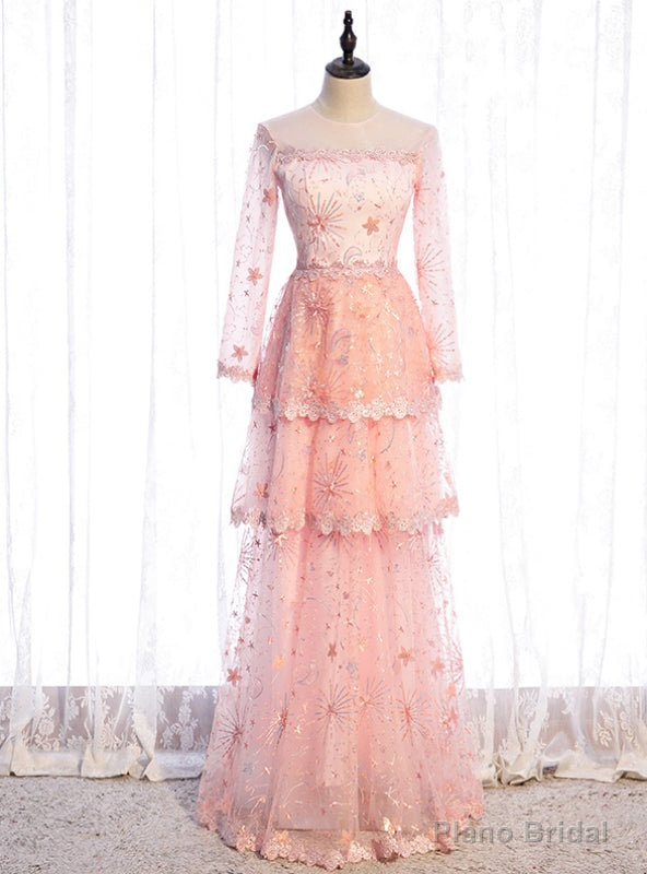 Pink Tulle Sequins Long Sleeve Tiers Prom Dress Main image