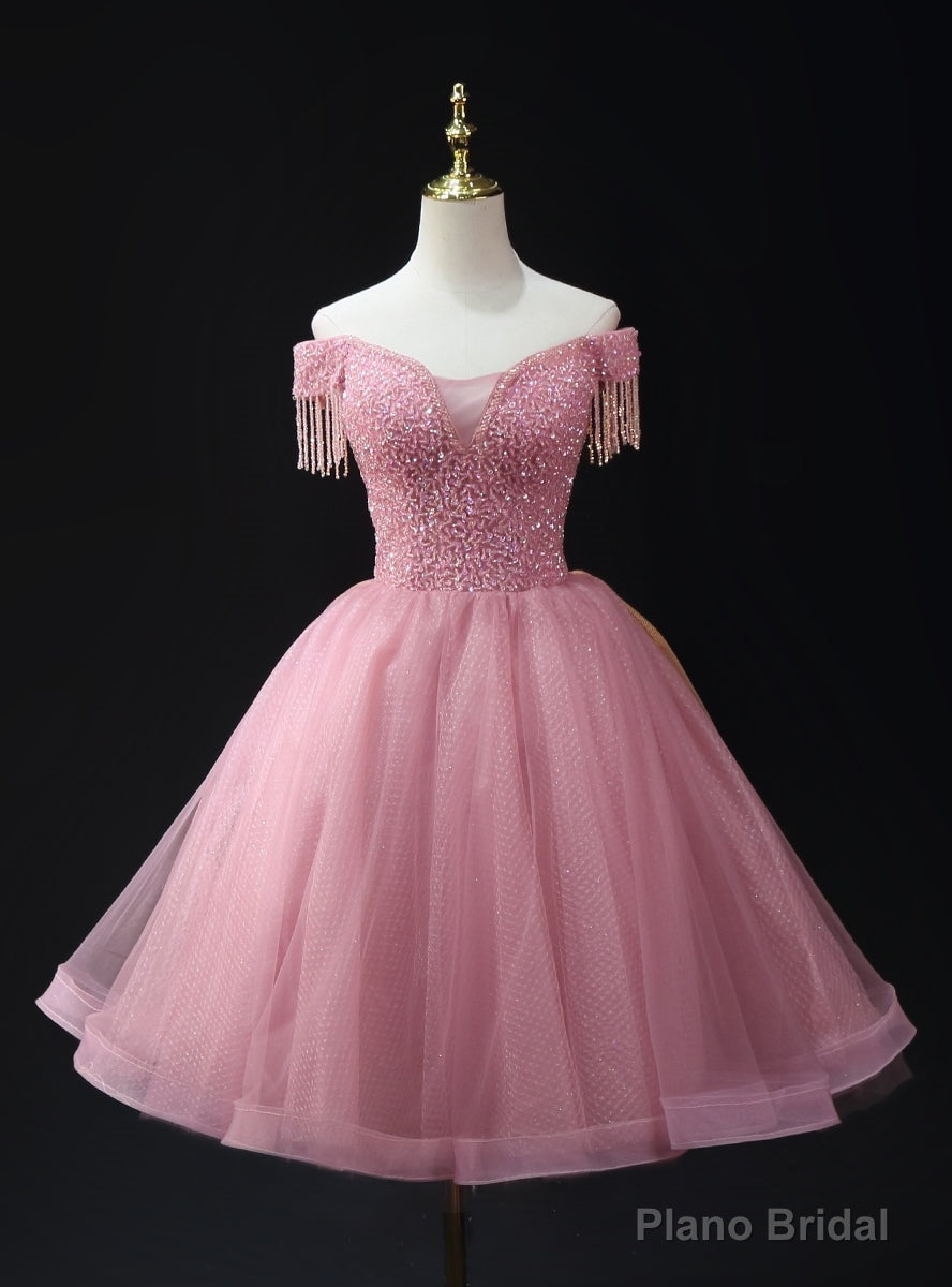 Pink Tulle Sequins Off the Shoulder Beading Homecoming Dress Main image