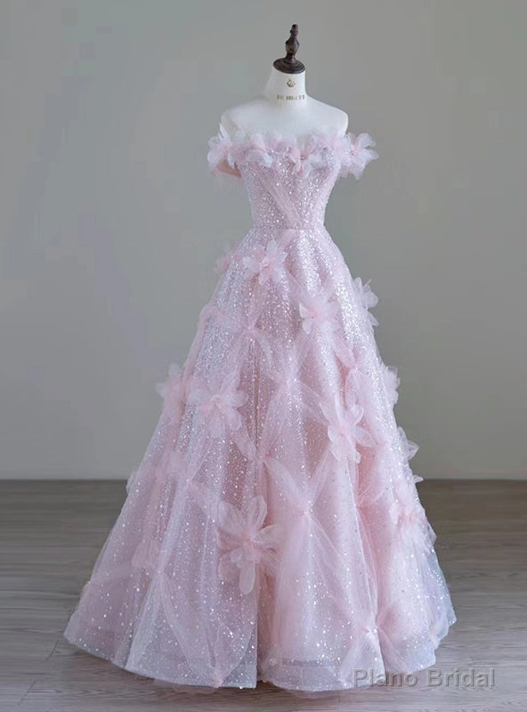 Pink Tulle Sequins Off the Shoulder Flower Prom Dress Main image
