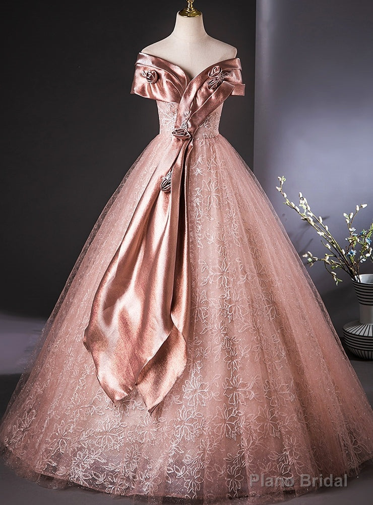 Pink Tulle Sequins Off the Shoulder Flower Quinceanera Dress Main image