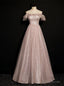 Pink Tulle Sequins Off the Shoulder Long Prom Dress