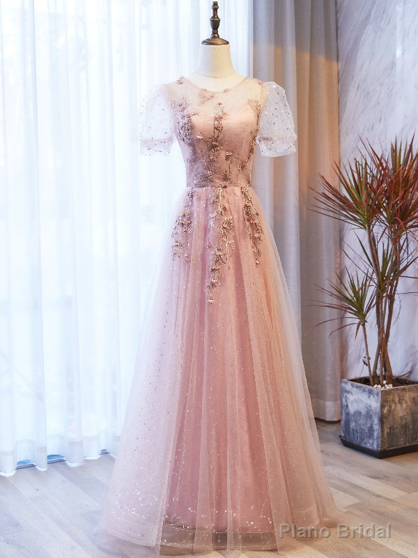 Pink Tulle Sequins Puff Sleeve Appliques Prom Dress Main image
