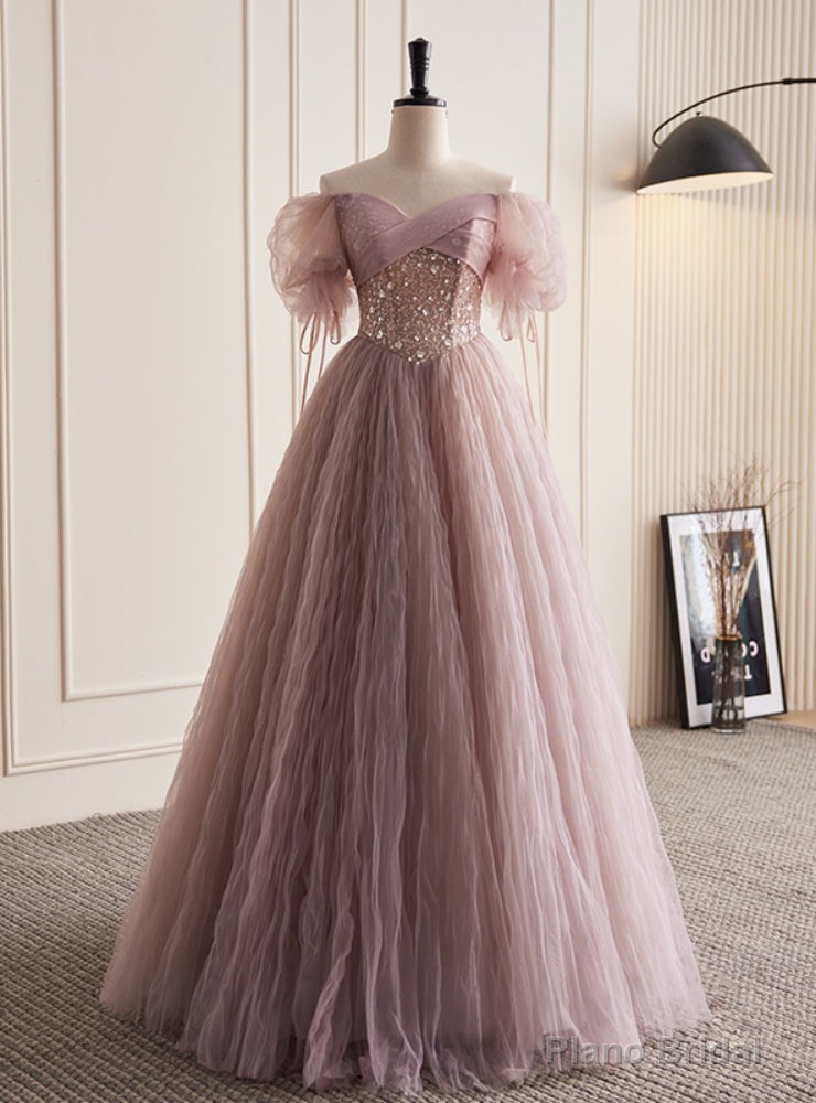 Pink Tulle Sequins Puff Sleeve Prom Dress Main image