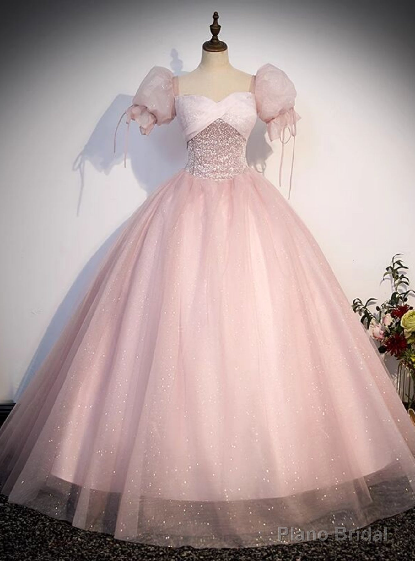 Pink Tulle Sequins Puff Sleeve Quinceanera Dress Main image