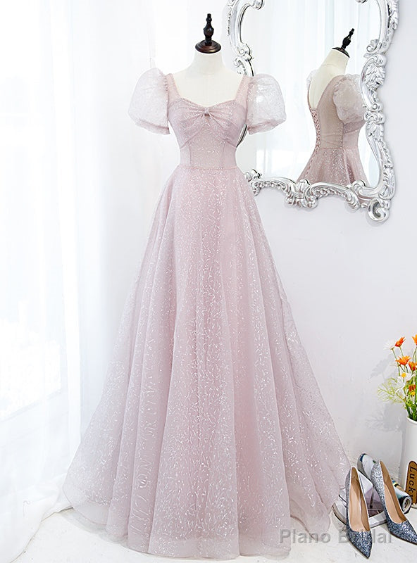 Pink Tulle Sequins Square Puff Sleeve Prom Dress Main image