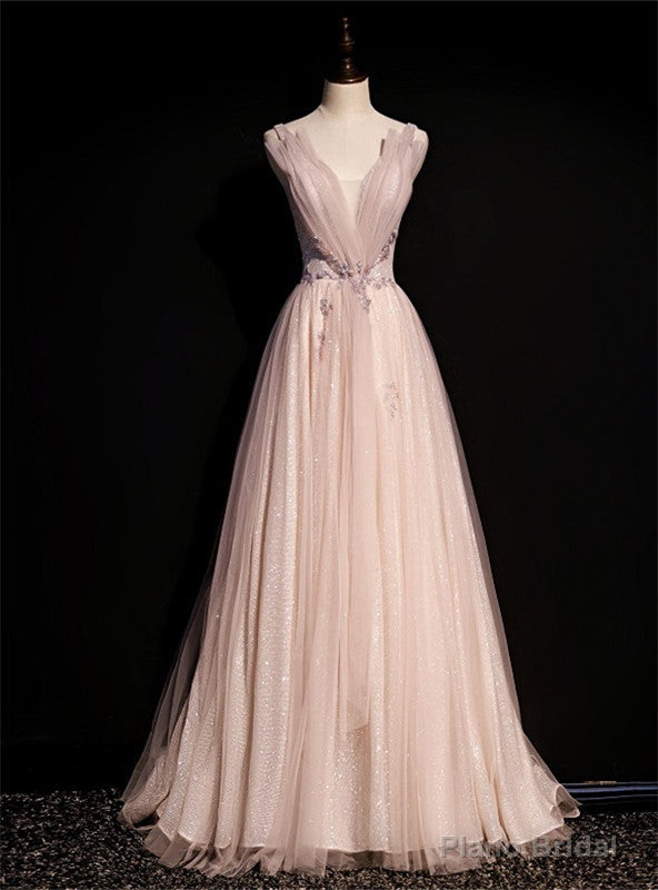Pink Tulle Sequins V-neck Pleats Beading Prom Dress Main image