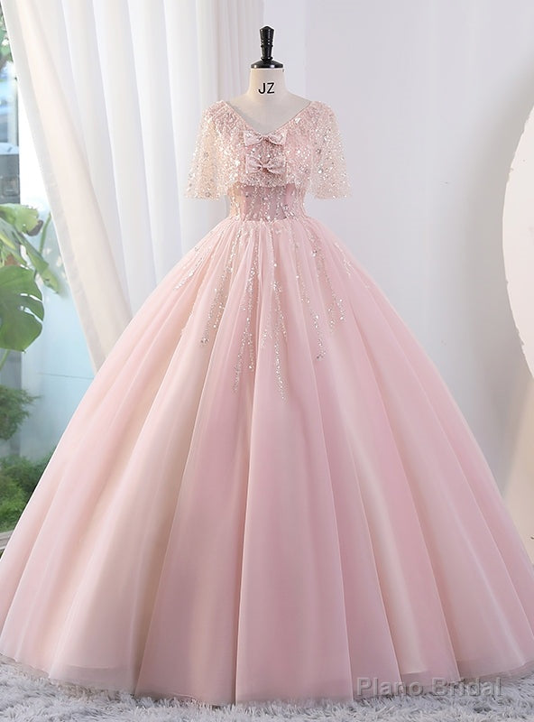 Pink Tulle Sequins V-neck Quinceanera Dress Main image