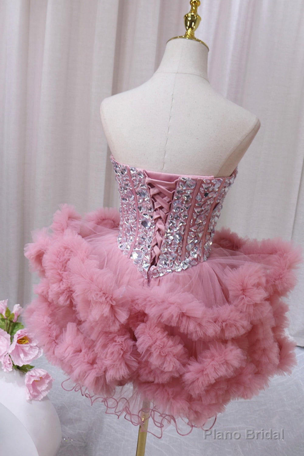 Pink Tulle Short Homecoming Dress with Rhinestones, Cute Party Dress Secondary image