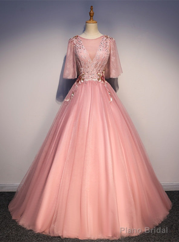 Pink Tulle Short Sleeve Appliques Quinceanera Dress Main image