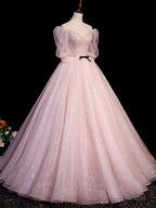 Pink Tulle Short Sleeves Ball Gown Long Formal Dresses, Pink Evening Dresses