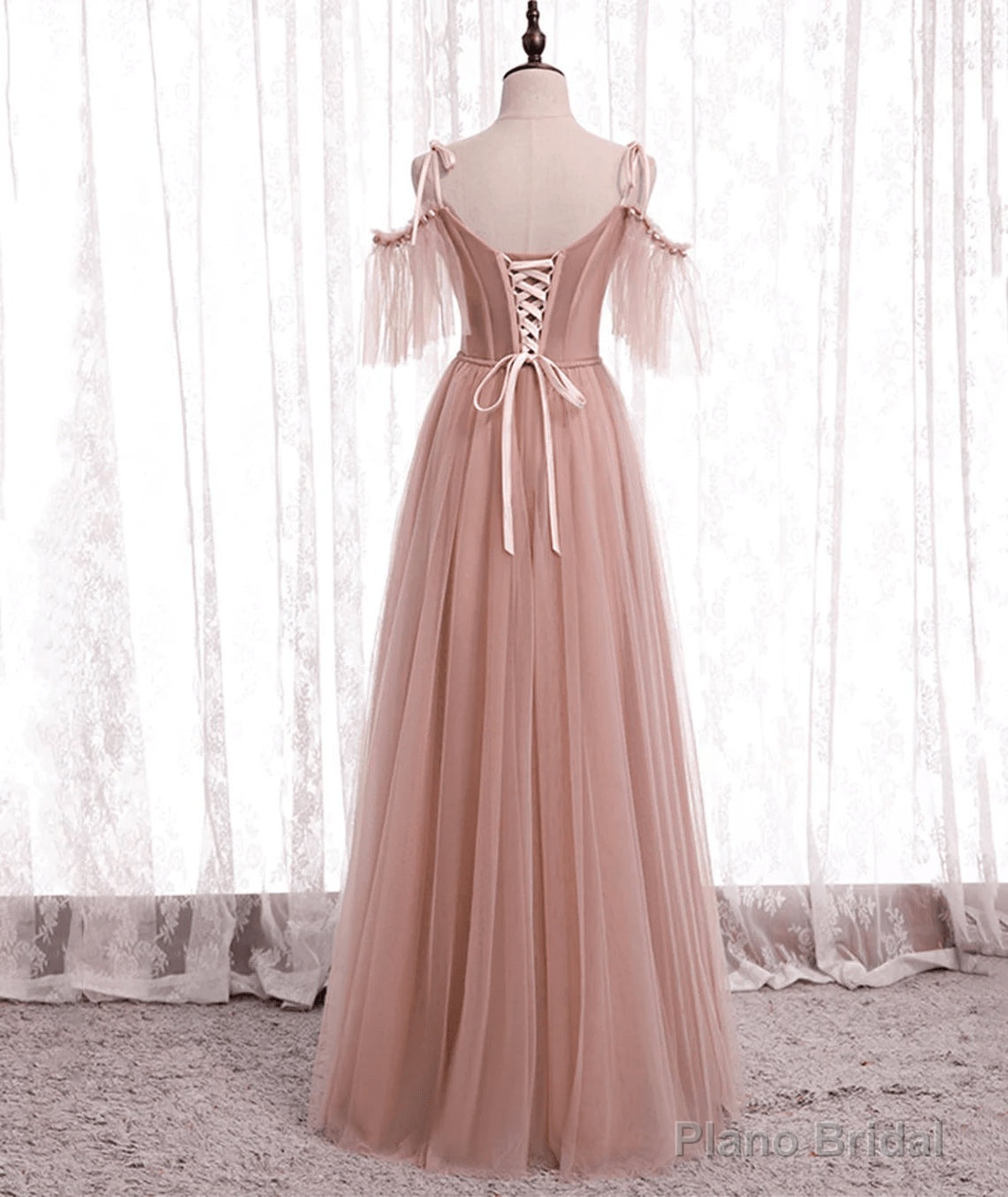 Pink Tulle Simple A-line Long Wedding Party Dresses Pink Formal Dresses prom dresses shops