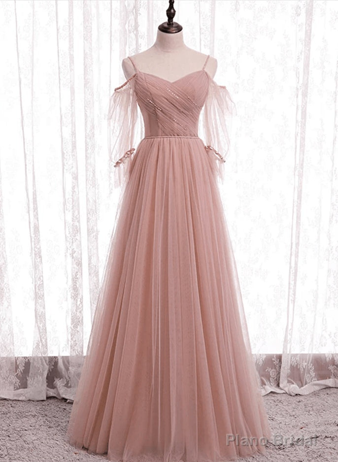Pink Tulle Simple A-line Long Wedding Party Dresses Pink Formal Dresses prom dresses shops Main image