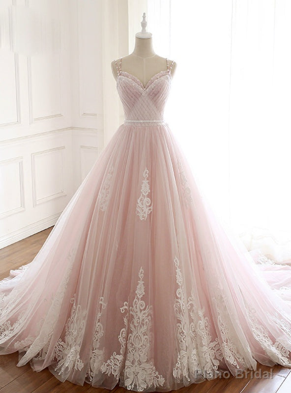 Pink Tulle Spaghetti Straps Backless Wedding Dress With Beading Main image