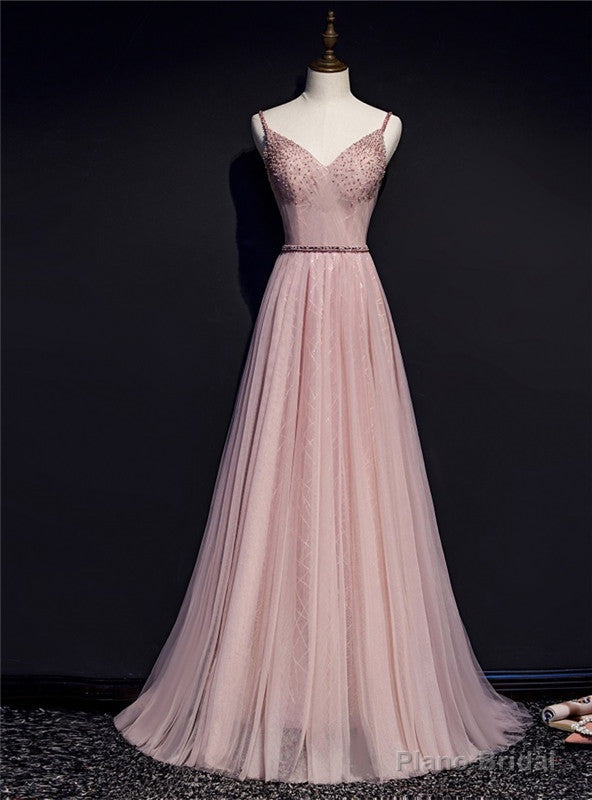 Pink Tulle Spaghetti Straps Beading Pleats Prom Dress Main image