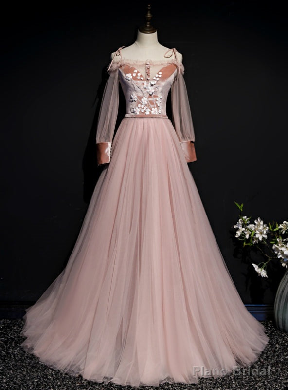 Pink Tulle Spaghetti Straps Long Sleeve Appliques Prom Dress Main image