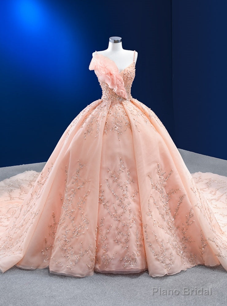 Pink Tulle Spaghetti Straps Pearls Sequins Prom Dress Main image