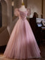 Pink Tulle Square Neck Short Sleeve Beading Prom Dress