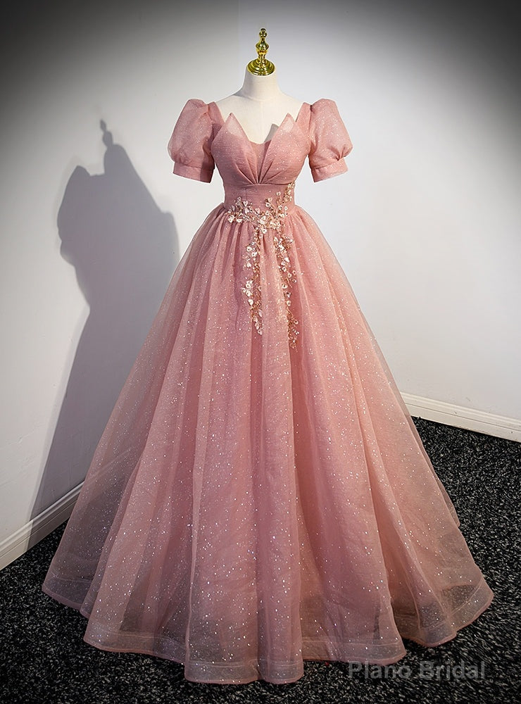 Pink Tulle Square Neck Short Sleeve Prom Dress Main image